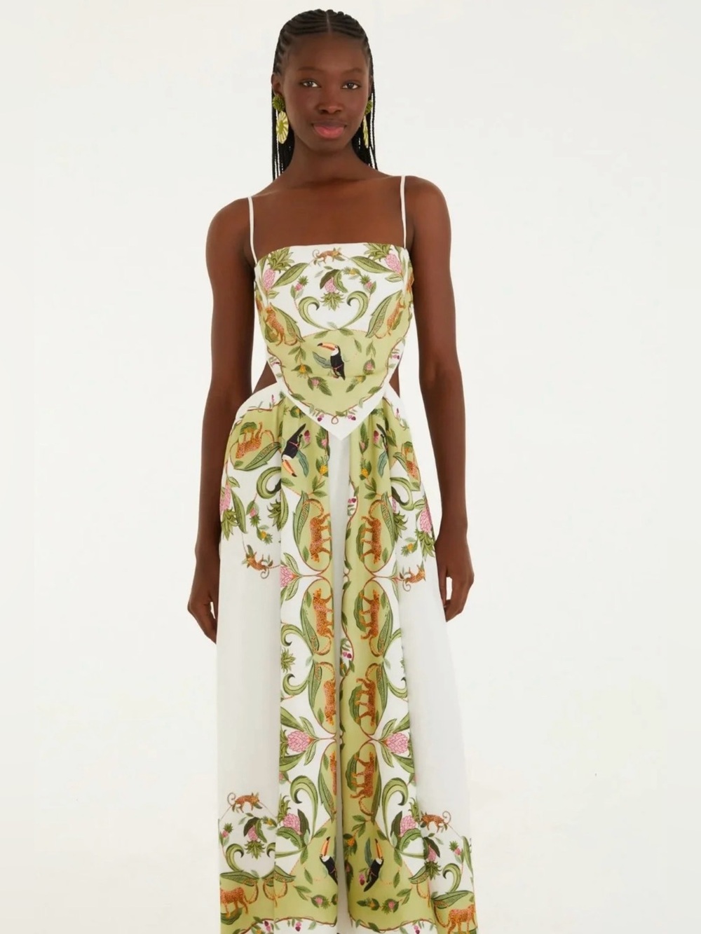 FARM Rio White Maxi Dress with Green Floral and Toucan Print - Picture 2 of 4